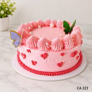 Round shape red pink colour butterfly and small heart decoration cake CA221